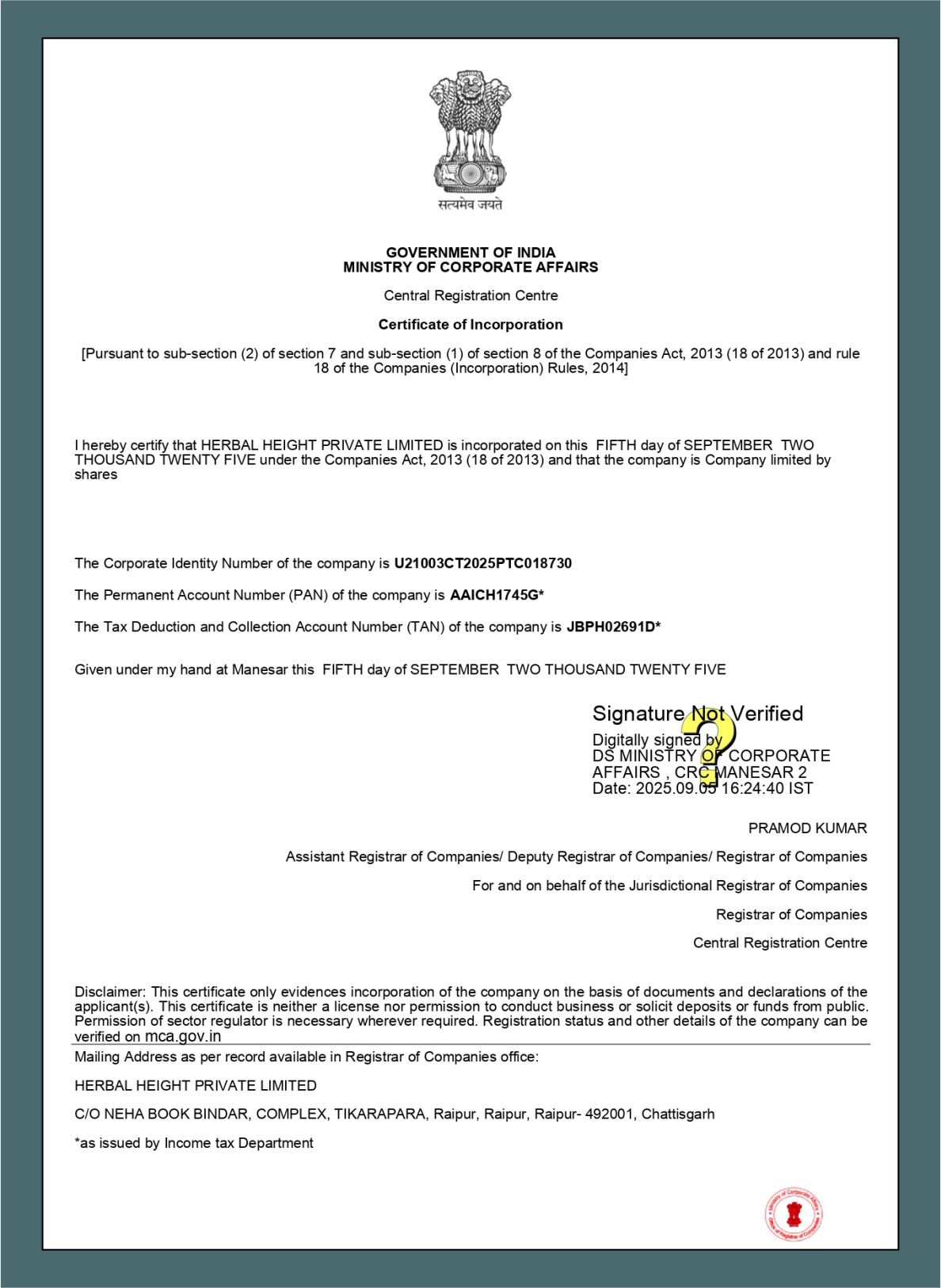 Certificate of Incorporation